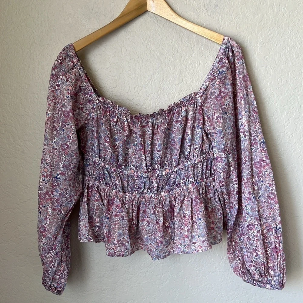 J. Crew floral pink puff sleeve peplum top
